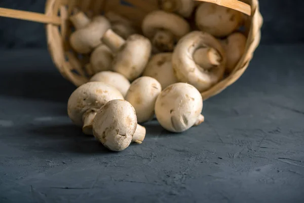 Verse Witte Kampioenen Mand Donkere Keukentafel Het Koken Van Heerlijke — Stockfoto