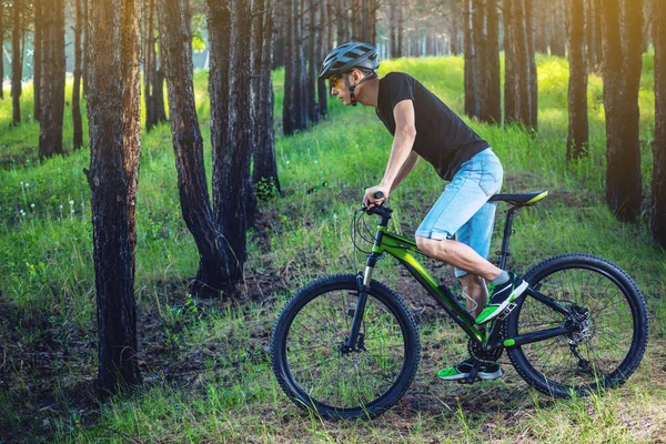 Ormanda ağaçların arasında bir yeşil dağ bisikleti binme bir kask içinde bir adam. Bisikletçi hareket. Etkin ve sağlıklı yaşam kavramı