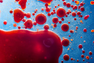 Kırmızı kabarcıklar mavi arka plan portre üzerinde kan hücrelerinin. Soyutlama, tıp ve bilim. Mikro süreçleri ve insan vücudunda hastalık kavramı