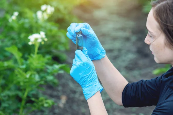 Ung Agronom Kvinna Som Håller Ett Jordprov Och Surfplatta Begreppet — Stockfoto