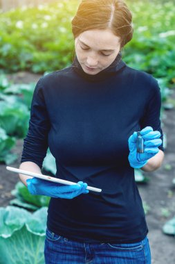 Toprak örneği ve bir tablet tutan genç ziraat mühendisi kadın. Kavram çevre dostu çiftlik üretim nitrat olmadan.