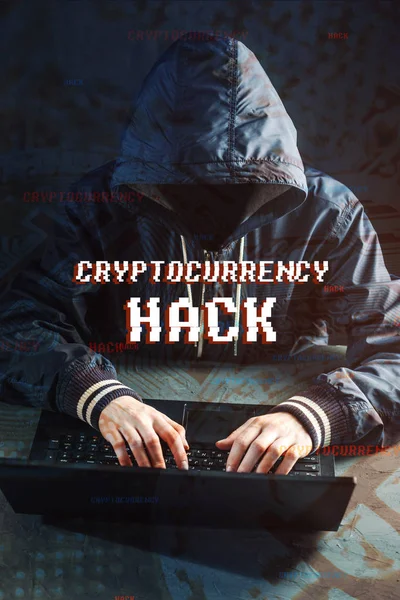 一个没有脸的匿名黑客试图用电脑窃取加密货币 在密码劫持中的欺诈和欺骗 — 图库照片