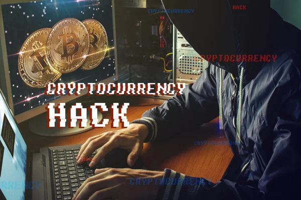 An anonymous hacker without a face is trying to steal cryptocurrency using a computer. Fraud and deception at Cryptojacking