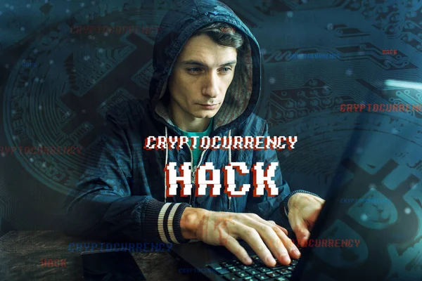 A hacker with a face is trying to steal cryptocurrency using a computer. Fraud and deception at Cryptojacking