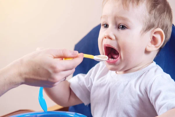 Little Cute Baby Boy Eating Opening His Mouth Wide Sitting Royalty Free Stock Images