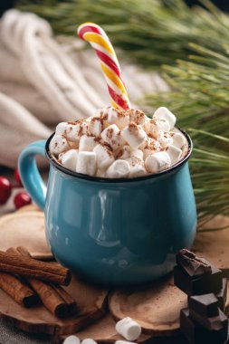 Bir bardak sıcak çikolata hatmi üstte ve örme battaniye arka plan üzerinde bir lolipop sopa ile. Rahat bir Noel ev tatil kavramı