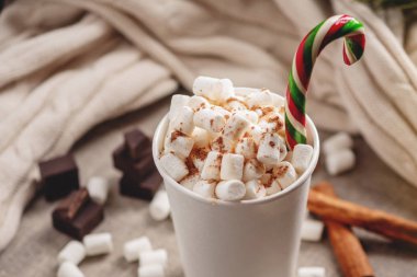 Bir bardak sıcak çikolata marshmallow üst ve arka planda çikolata ve tarçın bir lolipop sopa ile. Sıcak sıcak kış rustik ruh kompozisyon