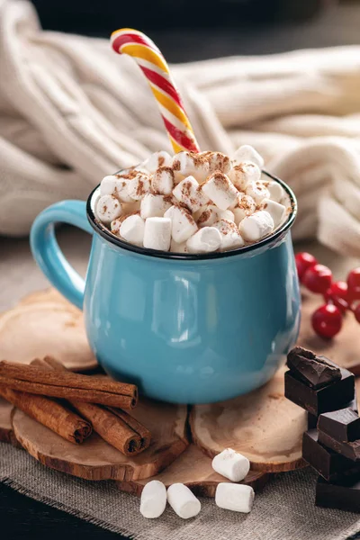 Mug Hot Chocolate Marshmallow Top Lollipop Stick Knitted Blanket Background — Stock Photo, Image