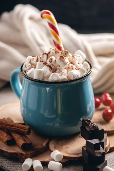 Mug Hot Chocolate Marshmallow Top Lollipop Stick Knitted Blanket Background — Stock Photo, Image