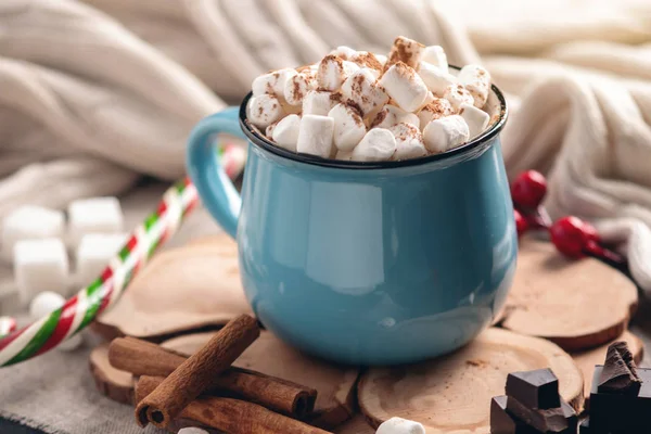 Mug Hot Chocolate Marshmallow Top Lollipop Stick Knitted Blanket Background — Stock Photo, Image
