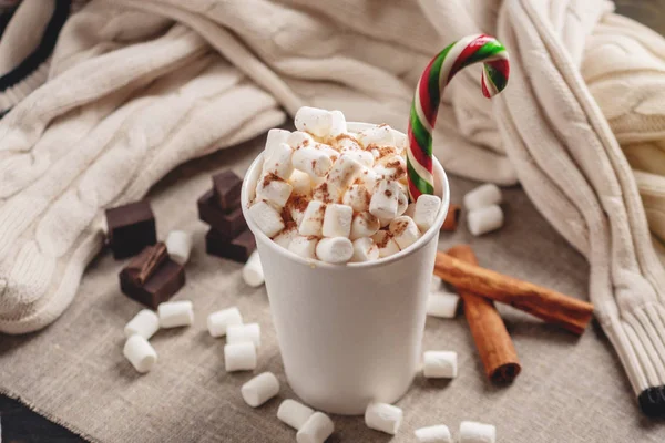 Mug Hot Chocolate Marshmallow Top Lollipop Stick Background Chocolate Cinnamon — Stock Photo, Image