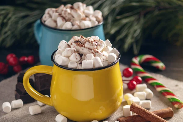 Mugs Hot Chocolate Marshmallow Top Lollipop Stick Background Chocolate Cinnamon — Stock Photo, Image