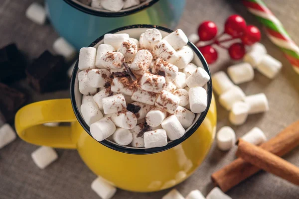 Kopp Kakao Med Marshmallow Toppen Lollipop Pinne Bakgrunn Sjokolade Kanel – stockfoto