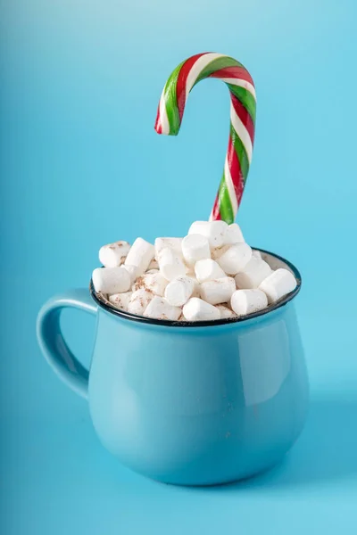 Mug Hot Chocolate Marshmallows Top Stick Lollipop Blue Background Cozy — Stock Photo, Image