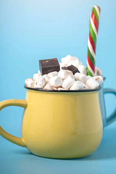 Mug Hot Chocolate Marshmallows Top Stick Lollipop Blue Background Cozy — Stock Photo, Image