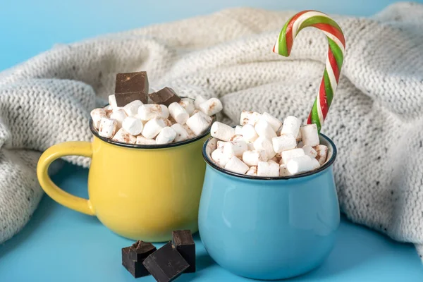 Mugs Hot Chocolate Marshmallows Top Stick Lollipop Blue Background Concept — Stock Photo, Image
