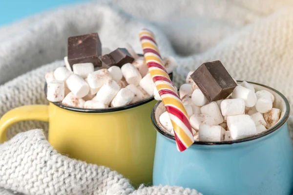 Mugs Hot Chocolate Marshmallows Top Stick Lollipop Blue Background Concept — Stock Photo, Image