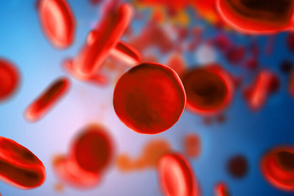 3d illustration of red blood cells erythrocytes close-up under a microscope in the body. Concept for scientific medical background