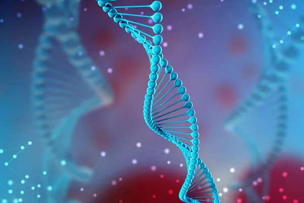 3d Illustration of DNA molecule. The helical molecule of a nucleotide in the environment of the organism like in space. The concept genome and modification of the body