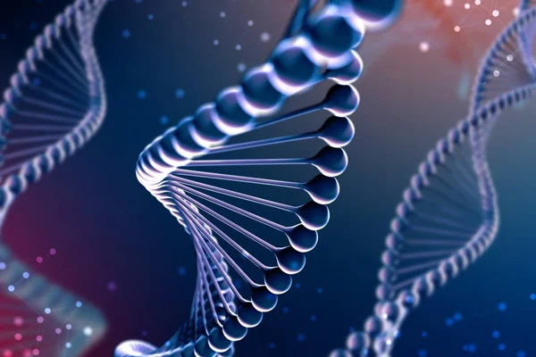 3d Illustration of DNA molecule. The helical molecule of a nucleotide in the environment of the organism like in space. The concept genome and modification of the body