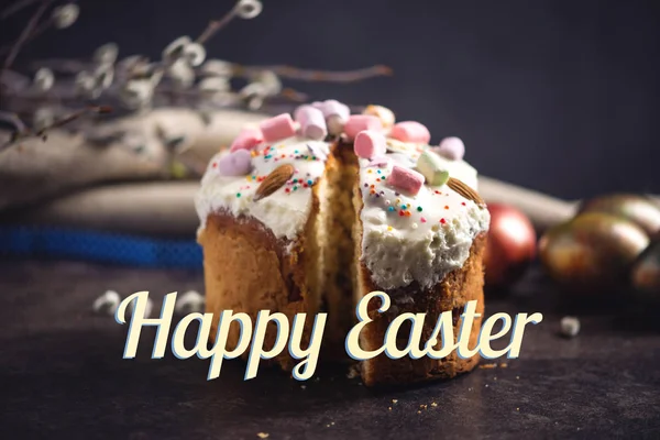 A card with traditional Easter cakes and colorful eggs and text on a dark background. Concept happy Easter