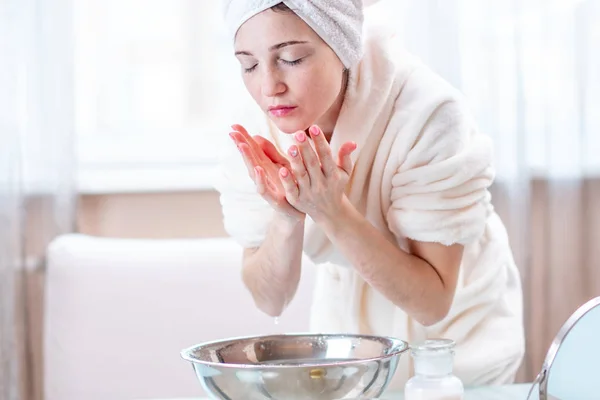 Beautiful Young Woman Towel Her Head Washing Refreshing Face Water — Stock Photo, Image