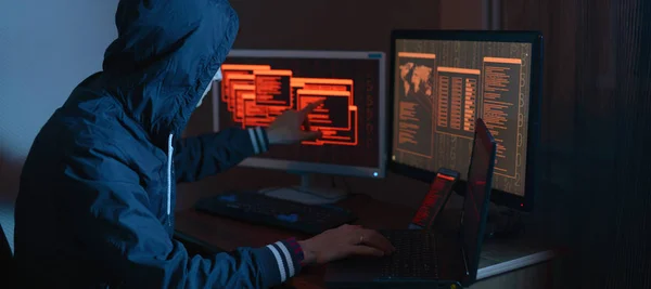 引擎盖中的男性黑客将手指指向显示网络攻击和黑暗中屏幕背景上的黑客攻击数据的显示屏 网络安全的概念 — 图库照片