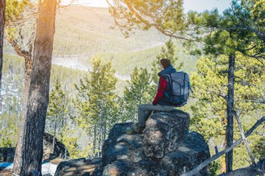 Büyük bir sırt çantası ile Adam yürüyüşçü bir kaya lık üzerinde oturan ve yayılan yeşil vadi bakarak. Seyahatte özgürlük