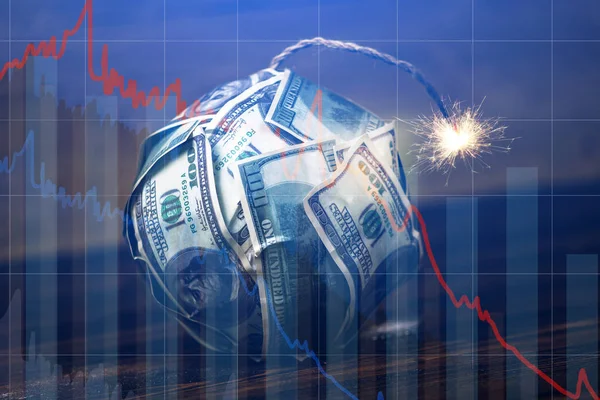 Bomb money with a burning wick with drop charts on blue background. Explosion of investment markets. Financial crisis