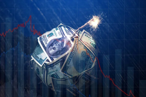 Bomb money with a burning wick with drop charts on blue background. Explosion of investment markets. Financial crisis