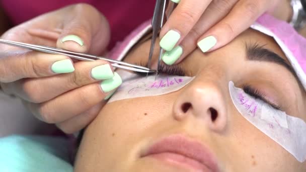 Woman master in the beauty salon work on eyelash extension to the client. Profession in the field of beauty services — Stock Video