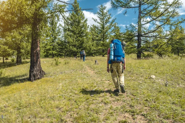 Man Escursioni con zaino durante la salita della vetta in estate. Concetto trekking e vita attiva con la natura — Foto Stock