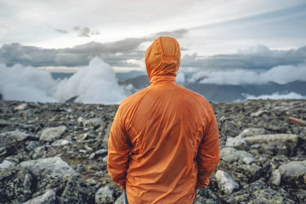 Homem caminhante admira a vista da paisagem de pé no pico da montanha. Objetivo realização e vida ativa — Fotografia de Stock