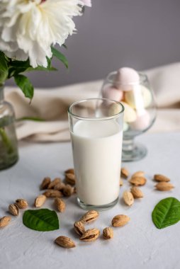 Sebze ve badem sütü masada. Sağlıklı bir diyet için alternatif vejetaryen içeceği.
