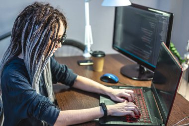 Modern genç bayan programcı evdeki bir dizüstü bilgisayara program kodu yazıyor. Uzaktan kumandalı bilişim işi. Yazılım geliştirme kavramı.