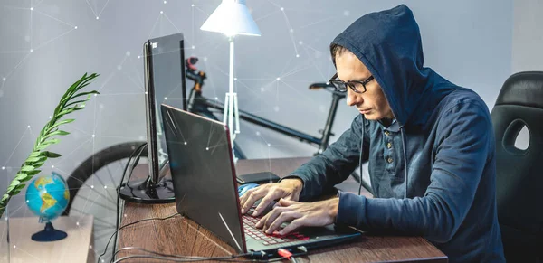 Man Hacker Hood Programming Virus Code Laptop Concept Internet Fraud — Stock Photo, Image