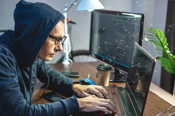 Man Hacker Hood Programming Virus Code Keyboard Laptop Concept Internet — Stock Photo, Image