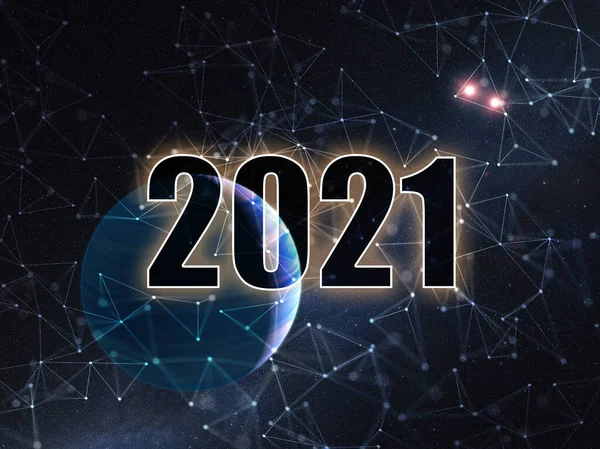 The number 2021 in space against the background of the planet. Year of high technologies and space development. Elements furnished by NASA