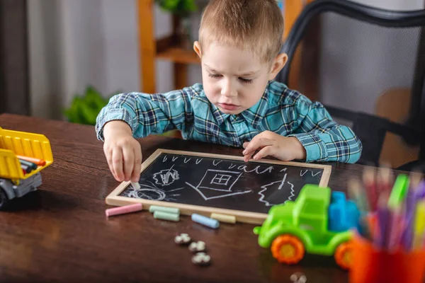 Cute Child Boy Draws Chalk Blackboard Table Concept Preschool Education — Stock Photo, Image