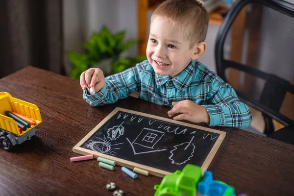 Cute Child Boy Draws Chalk Blackboard Table Concept Preschool Education — Stock Photo, Image