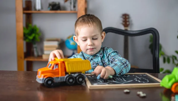 Cute Child Boy Draws Chalk Blackboard Table Concept Preschool Education — Stock Photo, Image