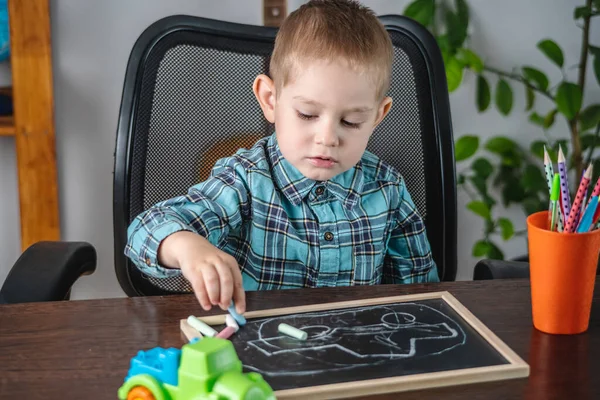 Cute Child Boy Draws Chalk Blackboard Table Concept Preschool Education — Stock Photo, Image