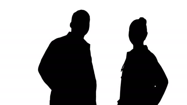 Silhouette Two caucasian and afro american smiling doctors standing looking in to camera. — Stock Video