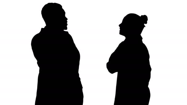 Silhouette Female and male doctor using mobile phones making calls telling happy news. — Stock Video