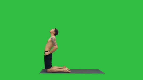Sportieve jongeman uit te werken, yoga, pilates en fitness training, permanent in asana ushtrasana, Ustrasana of Camel poseren op een groen scherm, Chromakey. — Stockvideo
