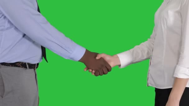 Kezében egy zöld képernyő, Chroma Key üzletember és üzletasszony kézfogás. — Stock videók