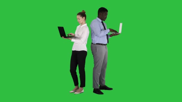 Pareja espalda con espalda de pie y trabajando en computadoras portátiles en una pantalla verde, Chroma Key . — Vídeo de stock