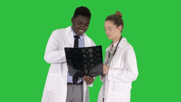 Lachen artsen studeren X-ray op een groen scherm, Chromakey. — Stockvideo