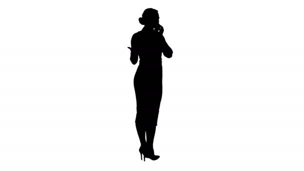 Silhouette stehend junge schöne Frau mit einem Mobiltelefon telefonieren. — Stockvideo
