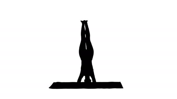Silhouette schöne junge Frau macht Yoga-Übung Variation der unterstützten Kopfstand, garuda salamba sirsasana mit überkreuzten Beinen. — Stockvideo